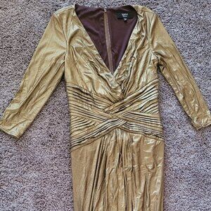 Tadashi Shoji long-sleeve asymmetrical ruched gown in metallic